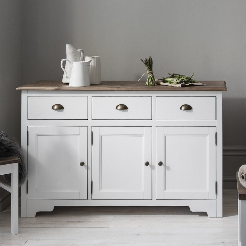 Canterbury Sideboard with Solid Doors in White and Dark Pine