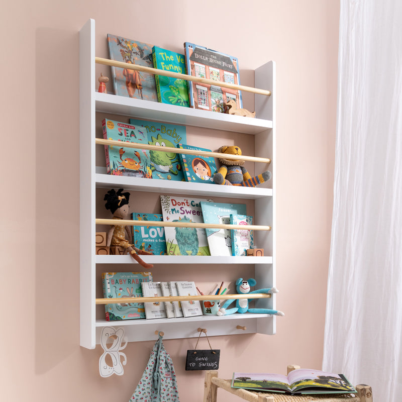 Elene Display Wide & Large Shelf Bookcase Wall Mounted & 4 Coathooks