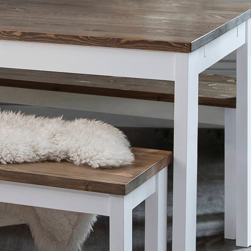 Hever Dining Table with 2 Benches in White & Dark Pine