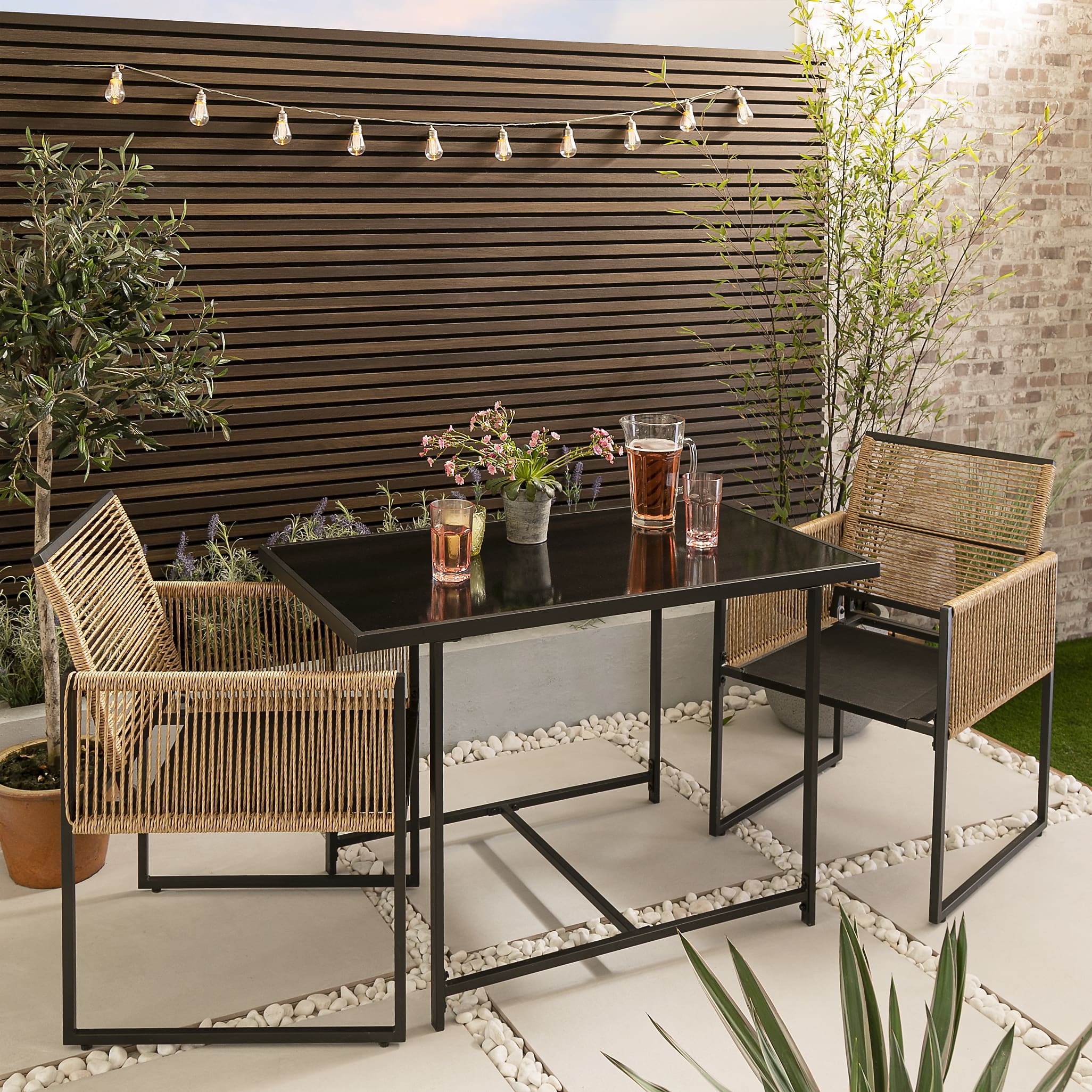 Jari Garden Table with 2 Armchairs in Black Rattan Noa Nani