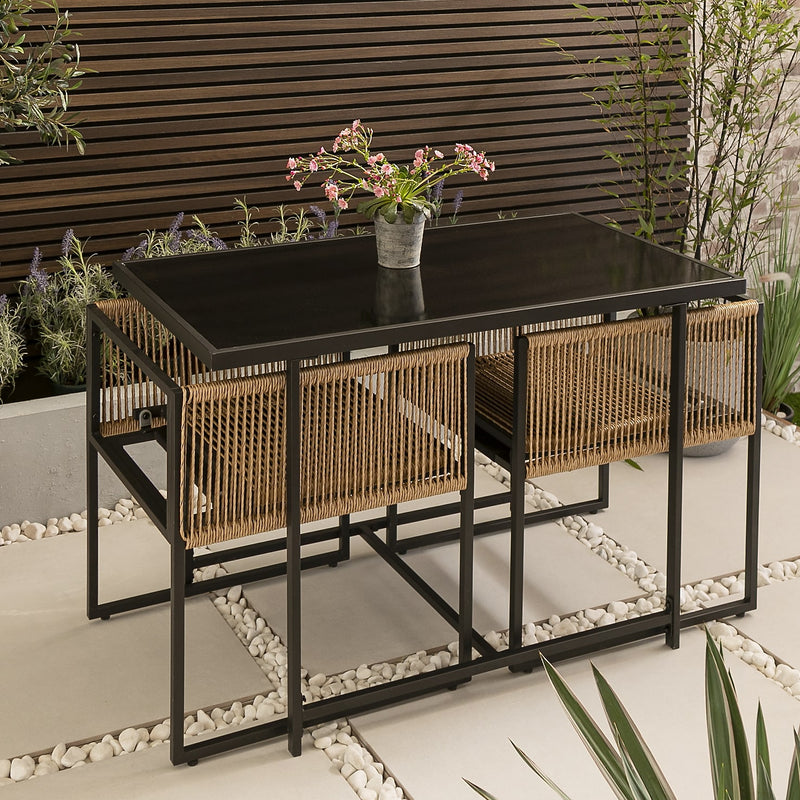 Jari Garden Table with 2 Armchairs in Black & Rattan