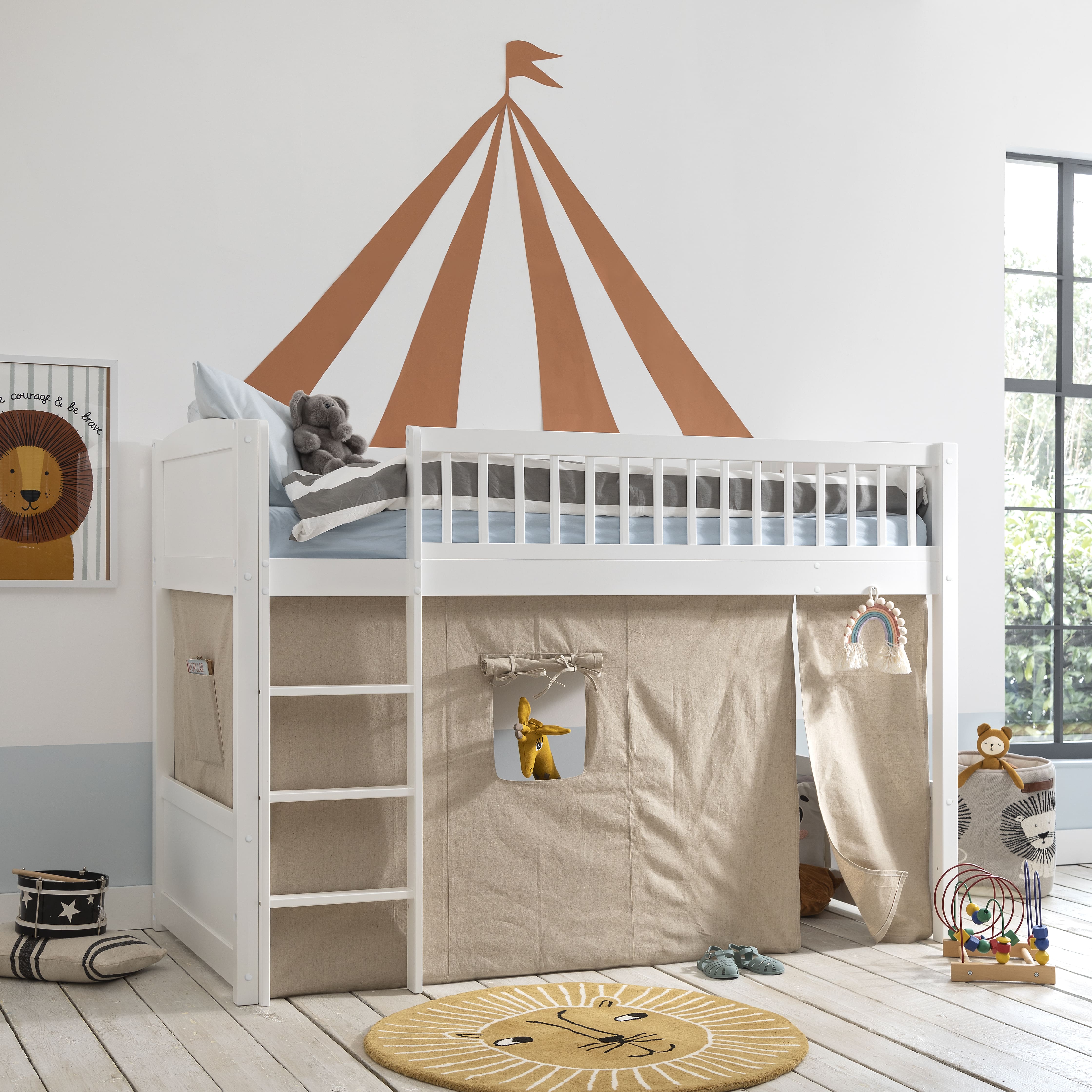 Lottie Midsleeper Cabin Bed with Straight Ladder Tent in Classic White