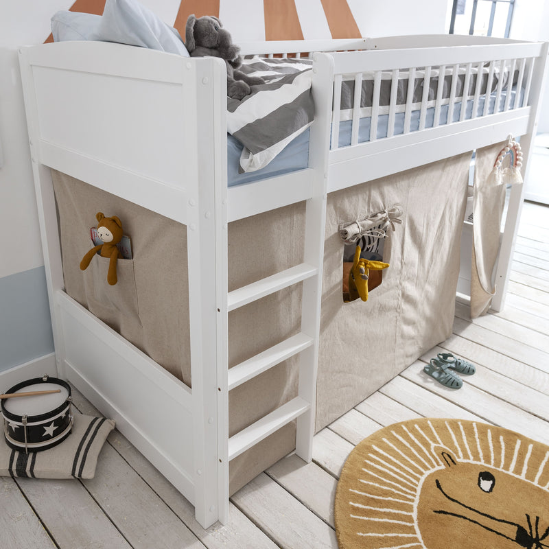 Lottie Midsleeper Cabin Bed with Straight Ladder & Tent in Classic White