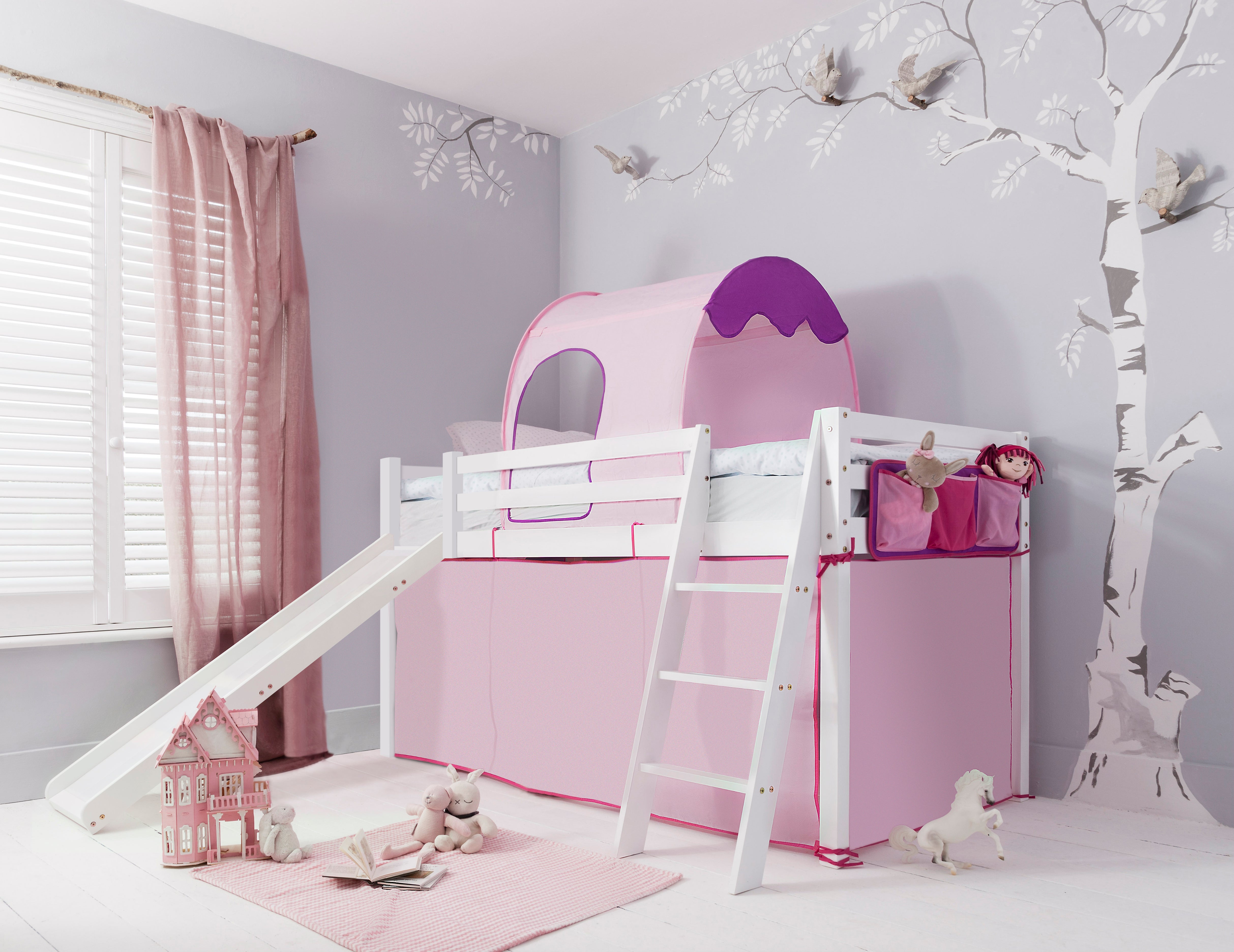 Mid sleeper bed with shop slide and tent