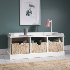 Stockholm Storage Bench with 3 Brown Baskets in Classic White