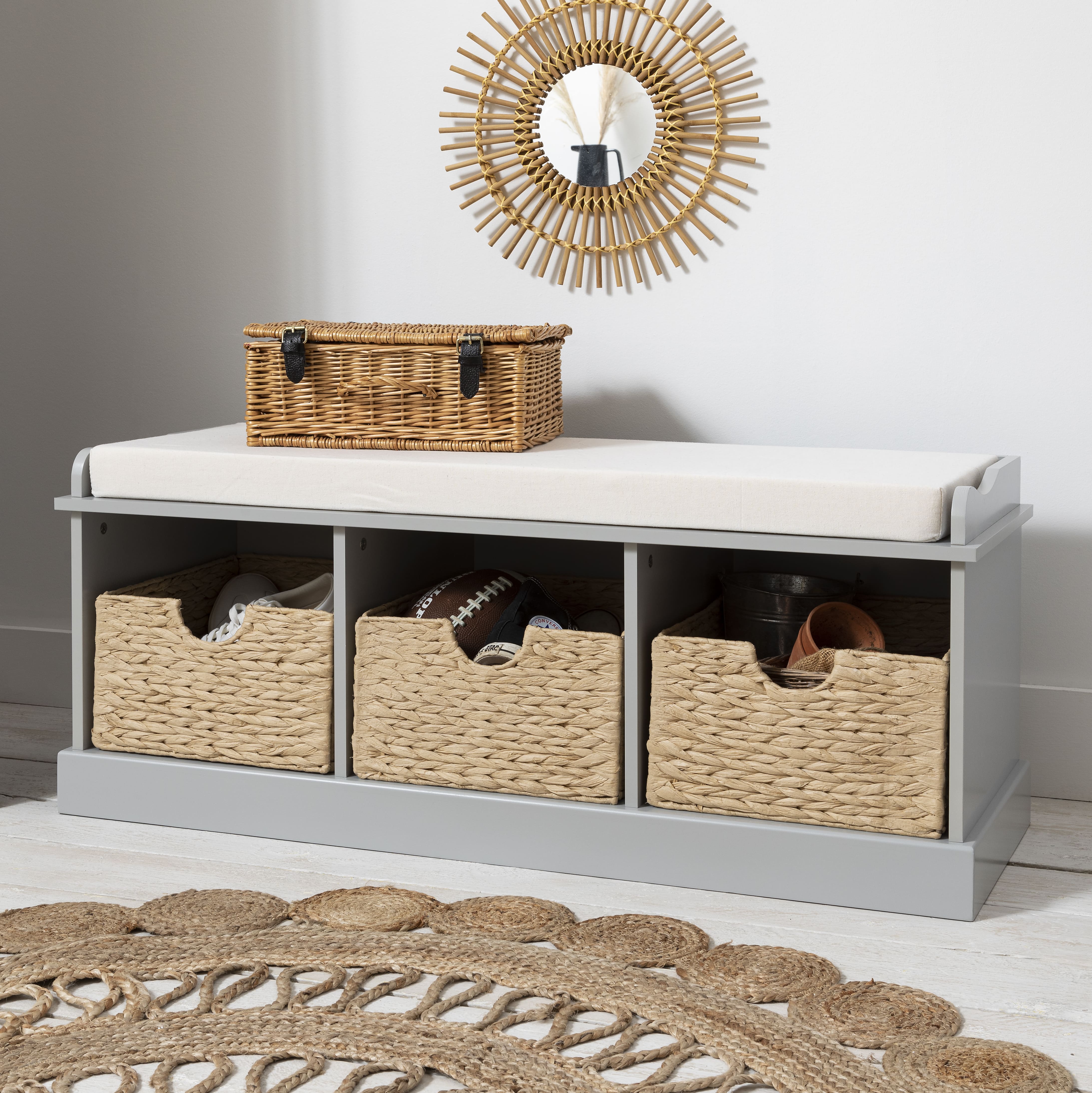 Stockholm Storage Bench with 3 Brown Baskets in Grey Noa Nani