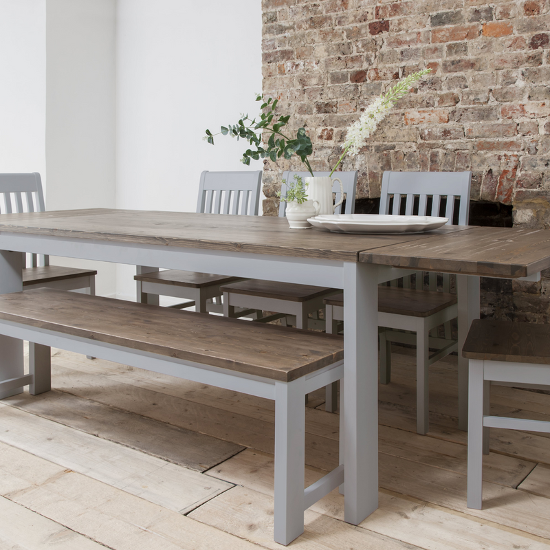 Hever Dining Table with 2 Benches & 2 Extensions in Grey and Dark Pine