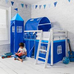 Moro Cabin Bed with Ladder and Brilliant Blue Cotton Tent, Tower & Tunnel in White