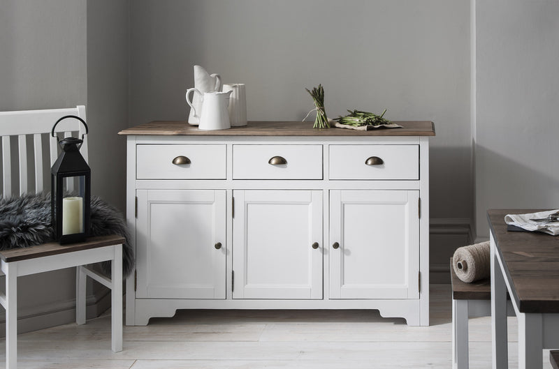 Canterbury Sideboard with Solid Doors in White and Dark Pine