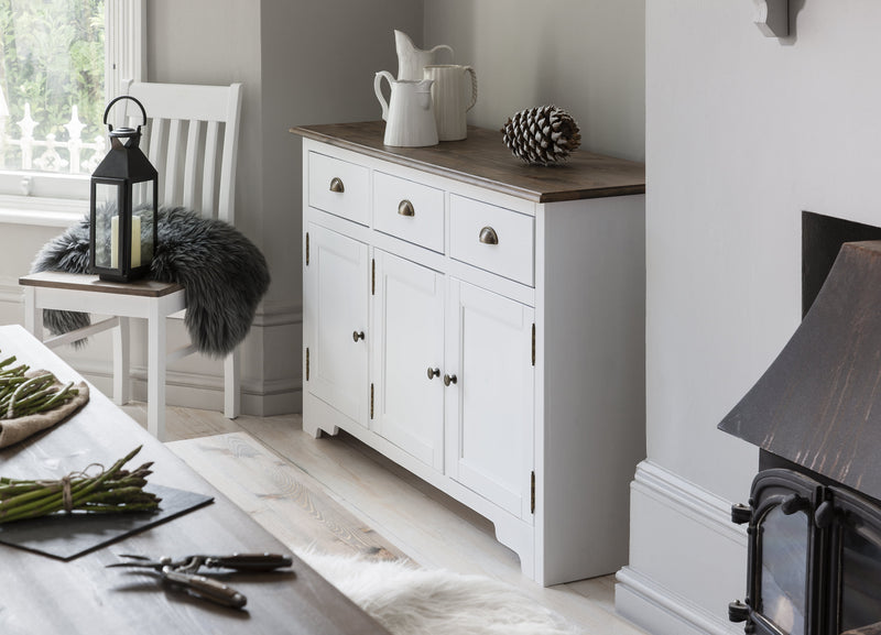 Canterbury Sideboard with Solid Doors in White and Dark Pine