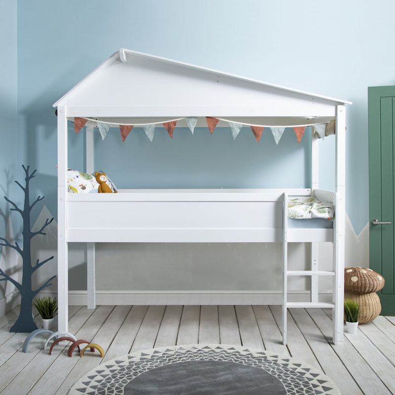 Inka Treehouse Cabin Bed with Canvas Roof & Window & Flower Trough Accessory in Classic White