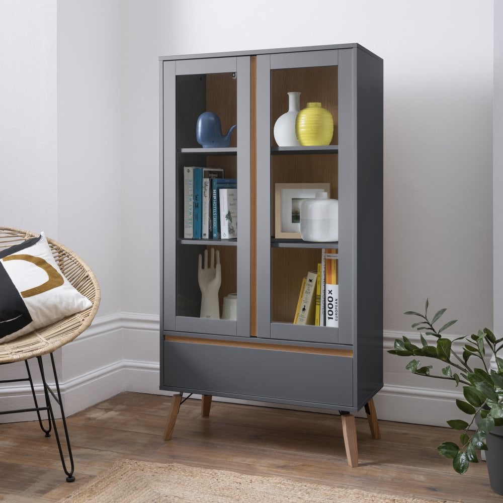 Grey display cabinet on sale with glass doors