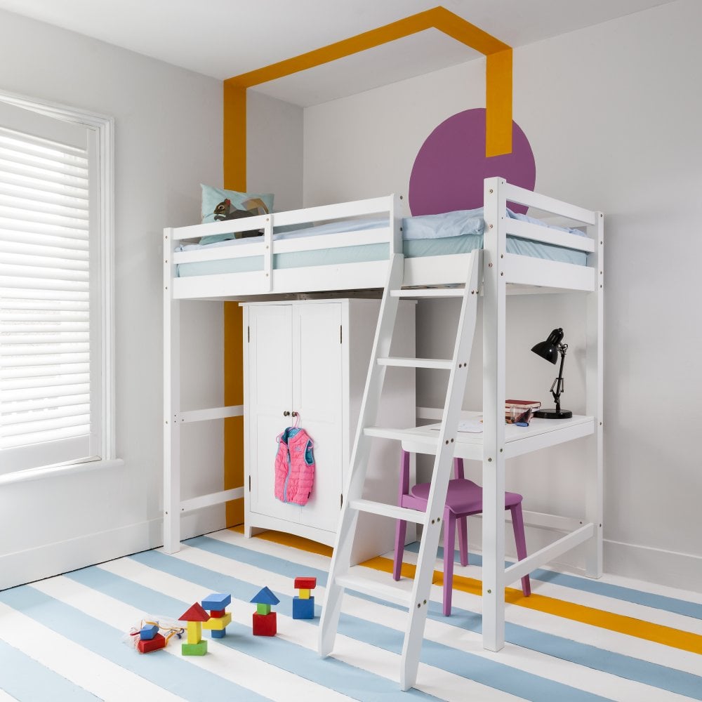 White low loft store bed with desk